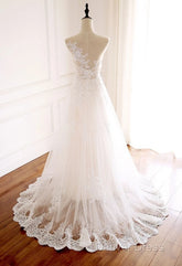 White Round Neck Tulle Lace Long Prom Dresses White Tulle Wedding Dresses